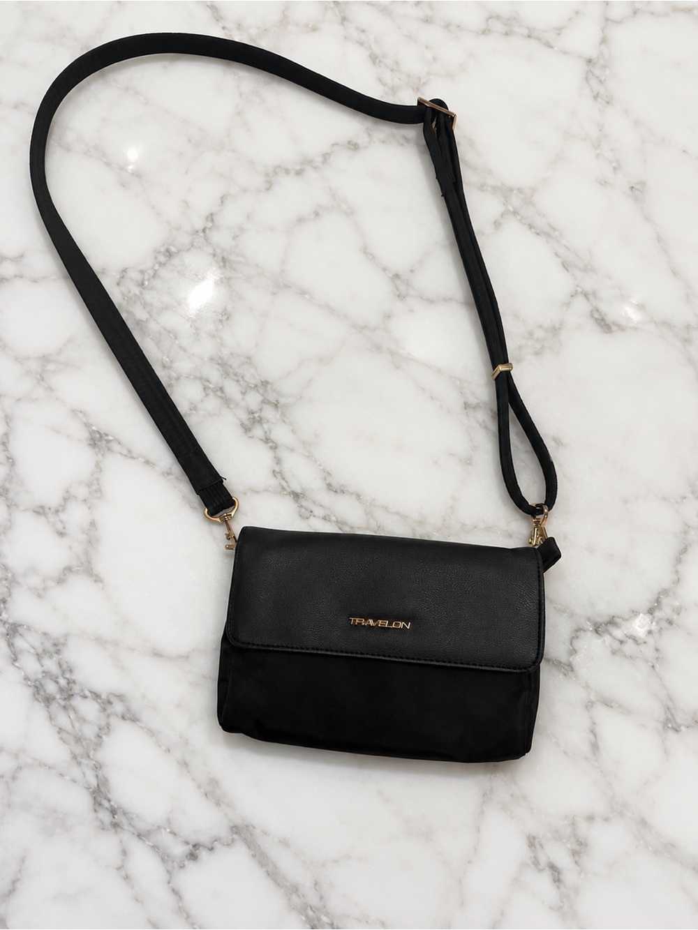 Travelon Black Crossbody Flap Bag with Gold Hardware